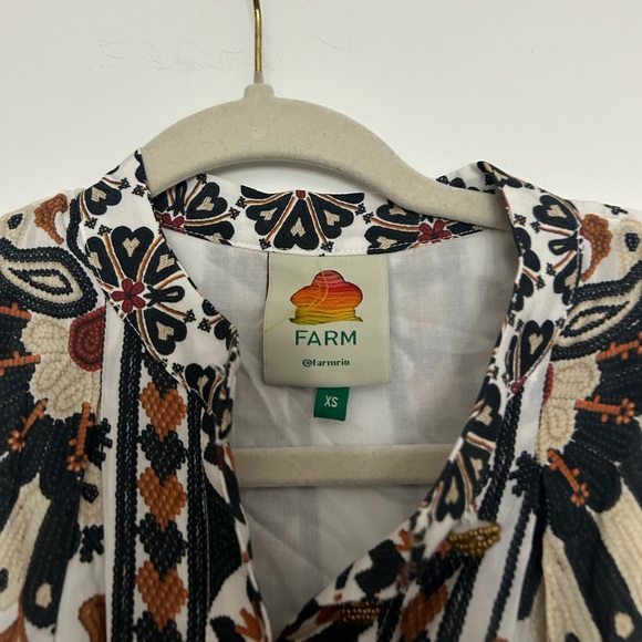 Farm Rio Flower Fan Tapestry Print Puff Sleeve Belted Mini Shirtdress - Picture 5 of 6